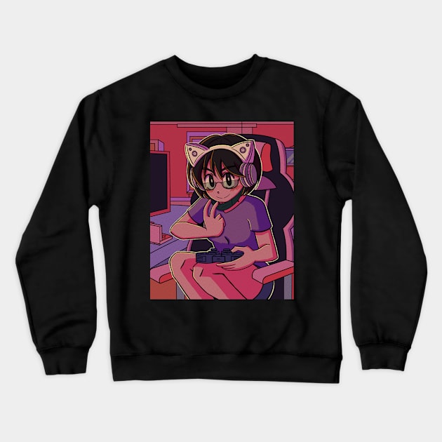 vaporwave aesthetic anime gamer girl Crewneck Sweatshirt by KinseiNoHime